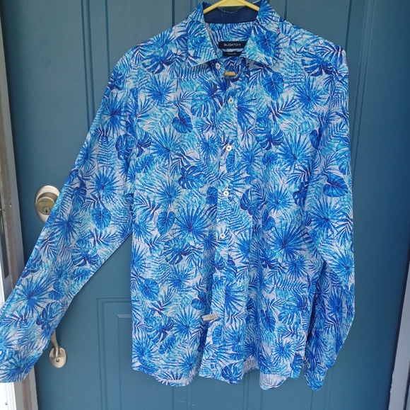 BUGATCHI CLASSIC FIT BUTTON FLIP CUFF BLUE PALM LEAVES SHIRT LARGE - Picture 14 of 16
